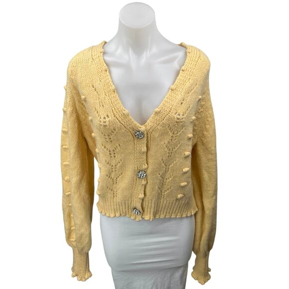 Nasty Gal Yellow 3D Crochet Knit V Neck Button Down Cardigan Sweater Top Size L - Picture 1 of 5